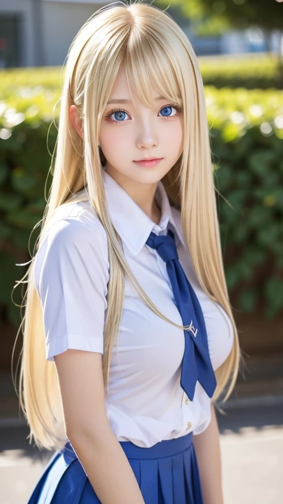 Shiny super long bright blonde straight hair、beautiful hair between the eyes、very cute beautiful sexy young age girl、so perfect beautiful cute face、Clear beautiful cute light blue big eyes、school uniform、very big breasts、hair over face