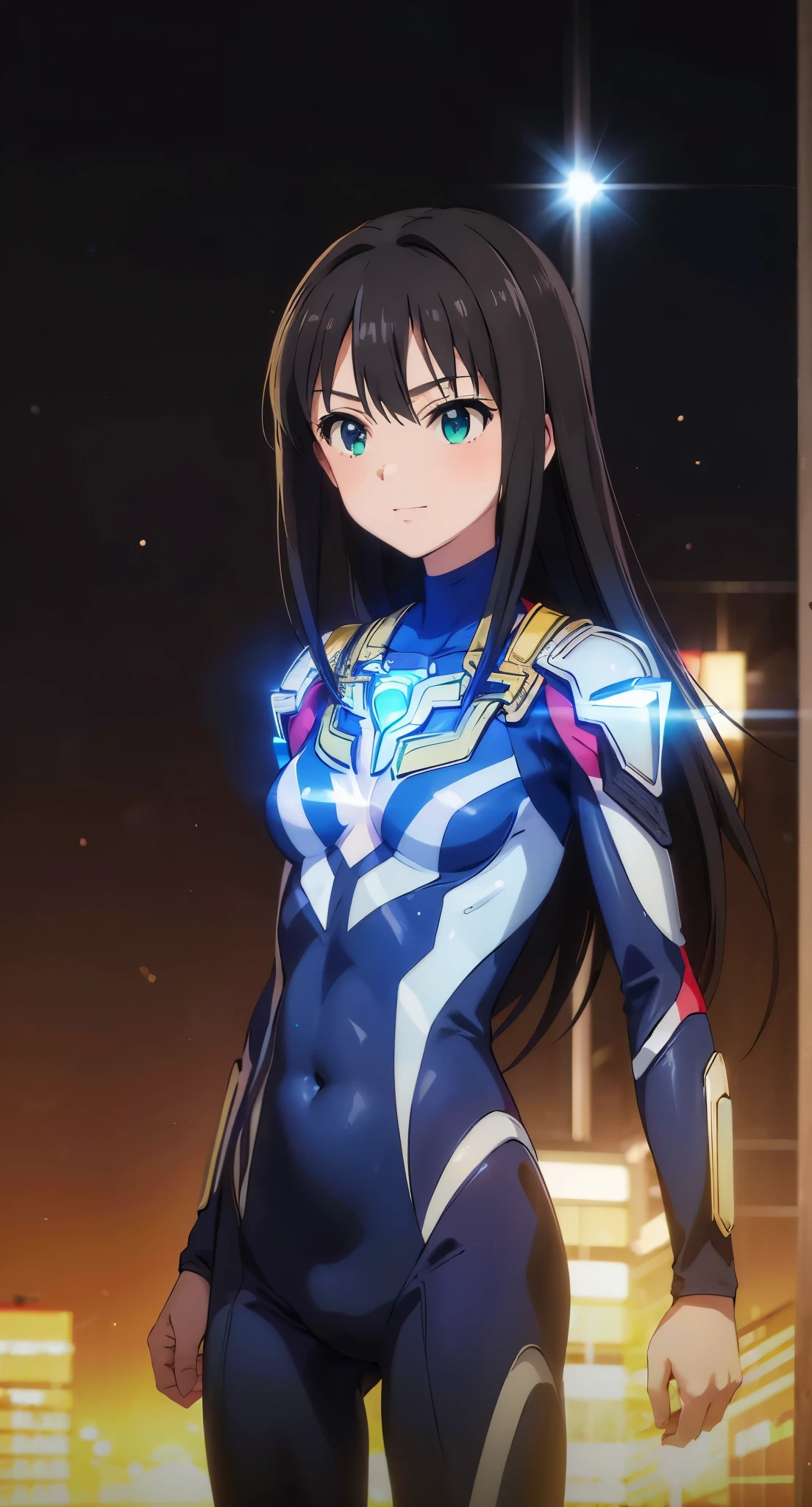 (masterpiece、highest quality、In 8K、High resolution:1.2)、alone、1 girl、 Rin Shibuya、tight clothes、cowboy shot、smile、Hero Suit、body suit、tight suit、trained abdominal muscles、Trained biceps、(nffsw :1.0）、 レッドウルトラマンbody suit、glowing gemstone on the chest、（building:1.2)、night scene