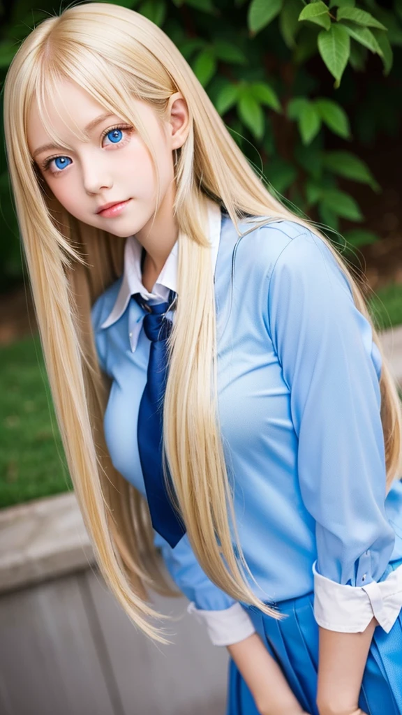 Shiny super long bright blonde straight hair、beautiful hair between the eyes、very cute beautiful sexy young teenage girl、so perfect beautiful cute face、Clear beautiful cute light blue big eyes、school uniform、very big breasts、hair over face