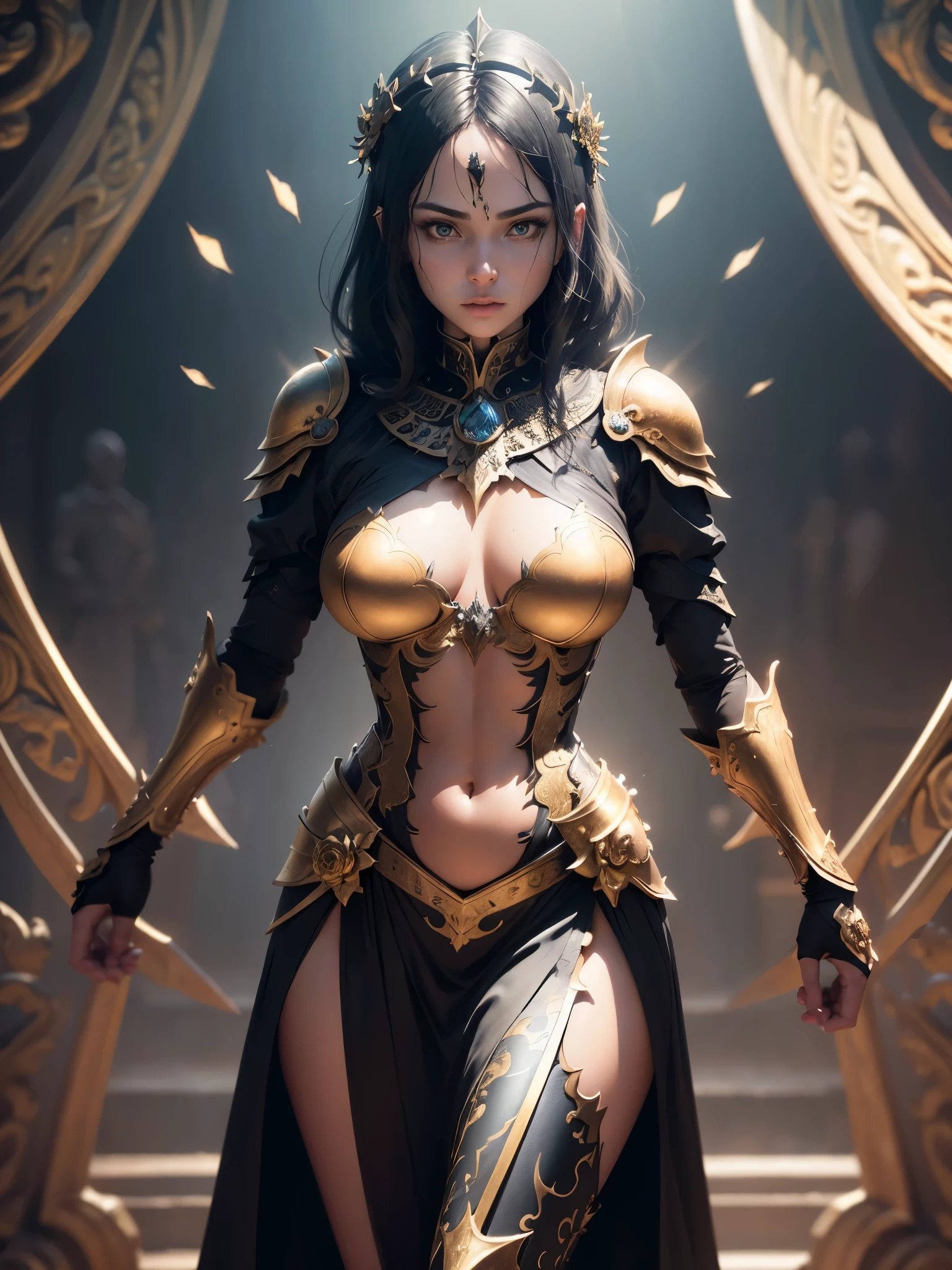 skeleton knight, greatsword, master piece, full body, best quality, realistic epic, (black_marbled), (Blackwing: 1.3), intricate details, intricate patterns, golden powder, floating (golden cloth), detailed texture, glass broken, Divine Light, (((raven)), Golden Rose, gold foil, motion blur, depth of field, hologram, (medium breasts: 1.3), (realism:1.5), (Realisitc:1.4), ( Absurdity:1.4), 8k, ultra-detailed, Beautiful girl detailed, (only 1:1.4), 1girl, (Viewer facing:1.2), (Bright sunny day: 1.5), Intricate body details, (short:1.3 ), (best quality: 1.0), (Ultra Highres) : 1.0), highly detailed face and eyes, (photorealistic: 1.2)