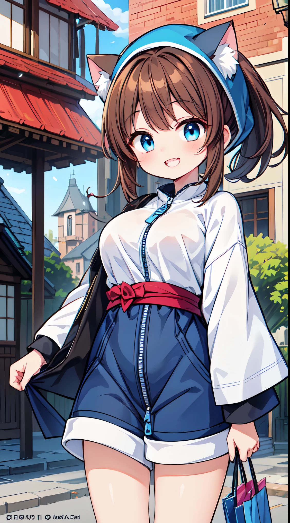 (masterpiece, top quality, best quality, official art, beautiful and aesthetic:1.2),ultra-detailed,intricate details,amazing illustration,award-winning art,atmospheric, 
BREAK, 


, 1 beautiful girl, (17 years old girl),Solo,(Cute:1.5),(Chibi:0.6),(kawaii:1.5),(Lori:0.5),BREAK,1 beautiful girl, (17 years old girl), Very detailed, colourfull, highest details, BREAK, (Huge breasts: 1. 2), Clear skin, Beautiful skin, Shy skin, 1 beautiful girl, (Brown hair:1.75), (Cat ears, Ponytail, medium-Long hair: 1. 2), (Light blue eyes, long eyelashes, Double eyelids: 1. 2),Solo,gleaming skin, Clear skin, Beautiful skin,(best quality face),(Top quality glowing eyes),(The best smile,:D:1.45),   nose blush, sleepy, grin, open mouth,
BREAK, (white theme:1.4), (tech wear:1.6), oversize white foodie coat, (blue line:1.3), long sleeves, (blue front large zipper:1.2), tech logo print, BREAK,(white nylon shorts with blue line) , (white knee-high socks), (white and blue high heel tech sneakers), BREAK, animal ears knit hat

BREAK,Romper,(early evening),Walking, (Fantasy,castle and town:1.5),(Japanese castle town,Beautiful building:1.3),(a person々way of life),(Flowers, Trees, Nature:1.3),romantic,(shopping street,street vendors:1.2),(Blue sky), Waterfall,depth of fields,
BREAK,wakame,wakame,wakame,(Cowboy Shot:1.4),

BREAK,(Blurry background:1.3),(absurderes, hight resolution, Super Detail Art),cel shading,Clear Color, Lonely optical effect, Beautiful pictures, Bright glow, mystic atmosphere,(Close-up of girl:1.1), Mystical light particle effect,manga influence, clean line drawings,