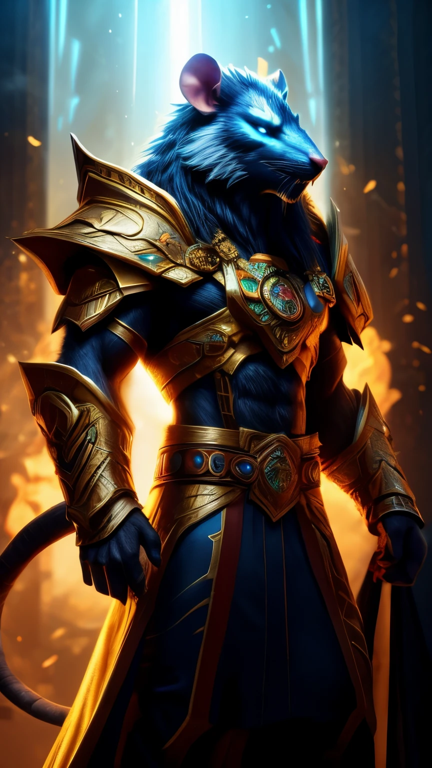 A Golden {Rat}, Golden Fire, Gold Armour, Light Effect, Blizzard Style Art trend, Luminous Fog Luminous, Volume Light, Asgard Style, Luxury Background, Decorative Openwork Lace Elements and Jewelry, Cinematic, Chinese Zodiac.
