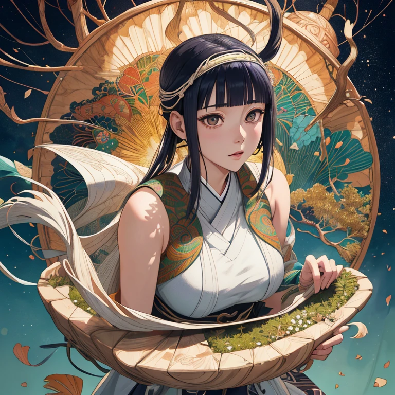 Hinata, the beautiful and tall character from Konoha, is rendered in super realistic and exquisitely detailed ways. Her captivating features are brought to life in a masterpiece of art, showcasing every curve and line of her elegant form. Her graceful expression is captured in a high definition, 8k image that showcases every intricate detail. The colors used in the art are rich and vibrant, adding depth and dimensions to Hinata's already stunning appearance. In this official art piece, Hinata's beauty radiates, surpassing all expectations of top quality and best-in-class detailing. Intricate patterns reminiscent of zentangle, mandala