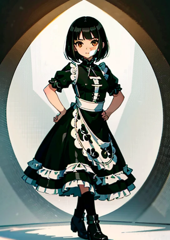 1 girl, ((masterpiece, side light, beautiful eyes: 1.2), super detailed, ultra high resolution, professional lighting, high quality make up, beautiful detailed eyes), (highest quality:0.8), perfect anime illustrinion, beautiful, flin color background, simple background, whole body , looking for_in_viewer, 一人in, (whole body:1.5), (black hair), dark brown eyes, (big breasts:1.2), 一人in,Wasachiri, Huasachina, sash, puffy dress, dress, Puffy short sleeves, pantyhose, black shoes, Floral, print dress, put your hand on your waist, handkerchief,tof, (asymmetric bob cut),(low length),