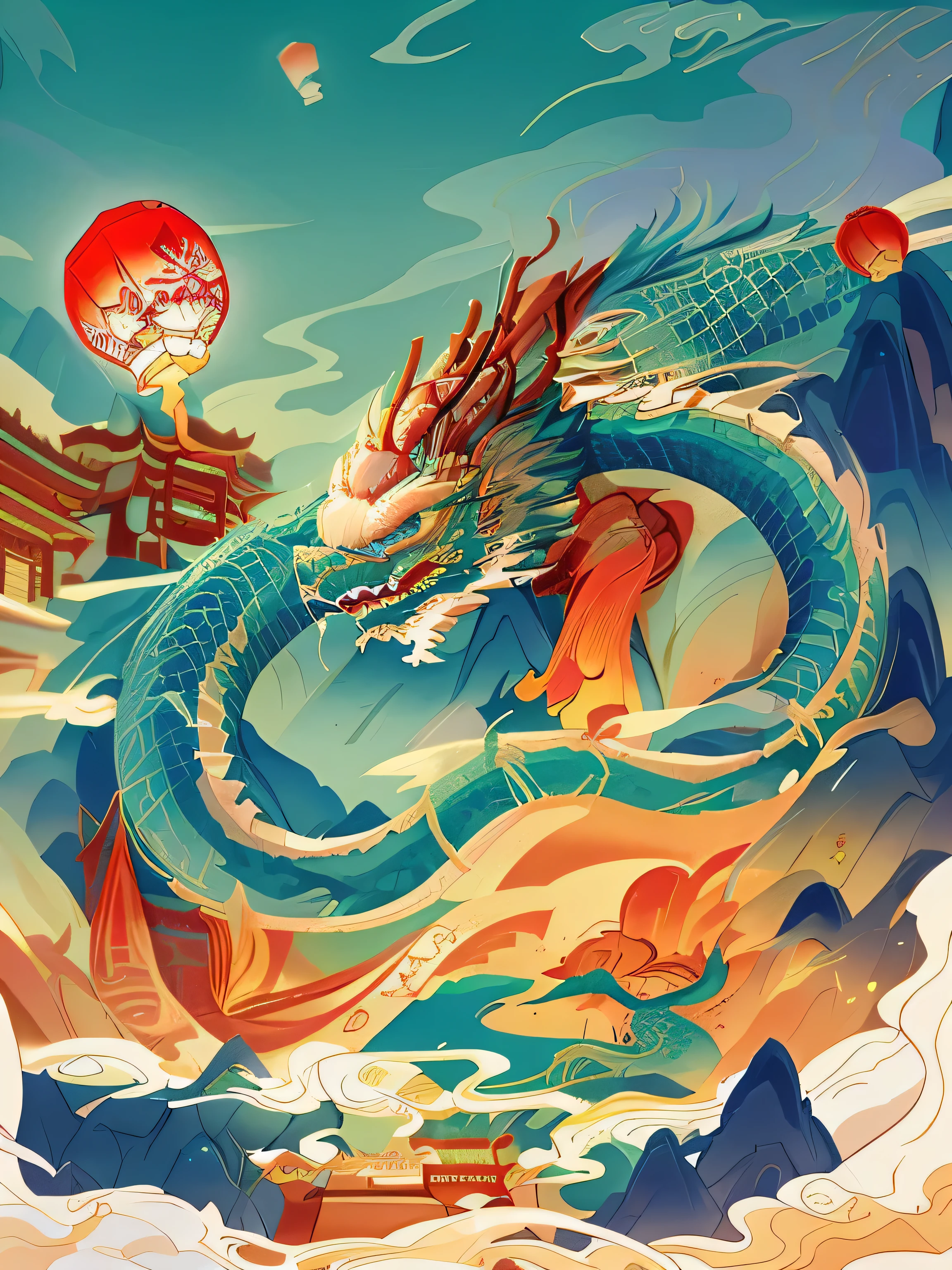 Dragon and architectural painting close-up, Chinese dragon concept art, dragon art, A beautiful artistic illustration, g liulian art style, Japanese traditional concept art, Chinese watercolor style, studio ghibli and dan mumford, Highly detailed digital art, Watercolor detailed art, Chinese fantasy, Chinese painting style, Victor May and Tristan Eaton
