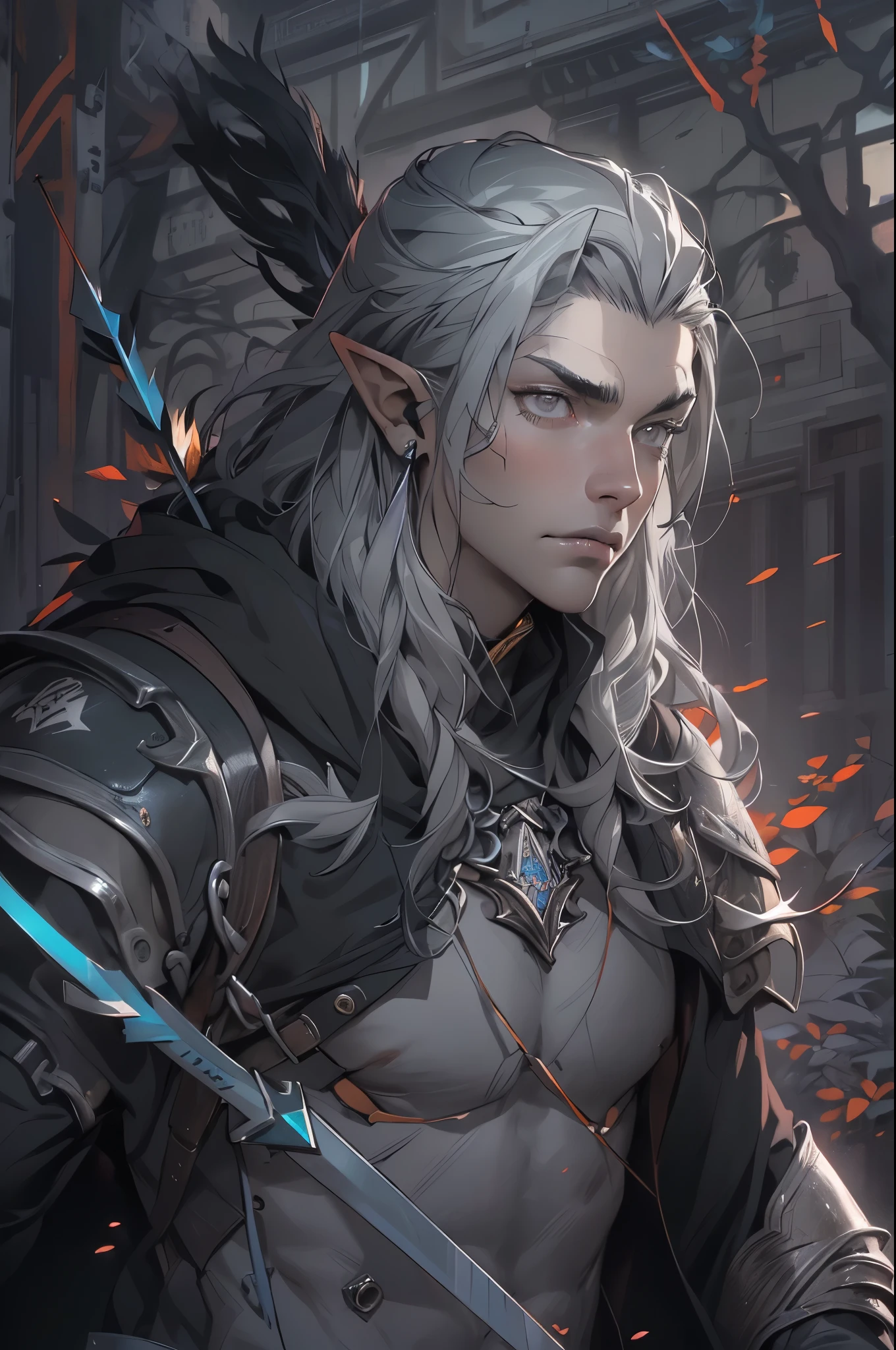 high elf. light elf, Male,male:1.5,1 male, (Male,muscle,1 boy, 1 boy,chest,male chest,muscular), 35 year old male,((1Male,1 Male,1male,male,Male gender :1.5,handsome male,Male focus)),(((elf))), (((elf ears))), high elf, light elf, pointed ears, (((Pale_gray_eyes:1.3))), complex eyes ,beautiful detailed eyes,symmetrical eyes,(light skin), multicolored hair, long hair, (Black hair, grey hair: 5:2), young handsome Male,Ideal body,ideal face,((detailed face)), expressive eyes,serious face,(ultra detailed:1.3), beautiful detailed glow, finely detailed, ultra-detailed, (black armor, overcoat, thermal underwear, archer, Ranger, (Dark-blue cape with hood: 1.2, dark-blue_cape, hood)),((complex outfit,complex clothes)),((quiver with arrows :1.5,quiver of arrows:1.5)), (dynamic pose:1.0),mocking serious attitude,(Centered,scaled to size,Rule of Thirds),with dark storm clouds,spring,landscape:1.25 ,((blossoming forest background)),High definition,sharp focus,(ultra detailed,Extremely detailed),(photorealistic work:1.37),(Extremely detailed CG unity 8k wallpaper),(((Vivid colors,vivid theme ))),(complex),(Masterpiece),(Best quality), (fullbody)