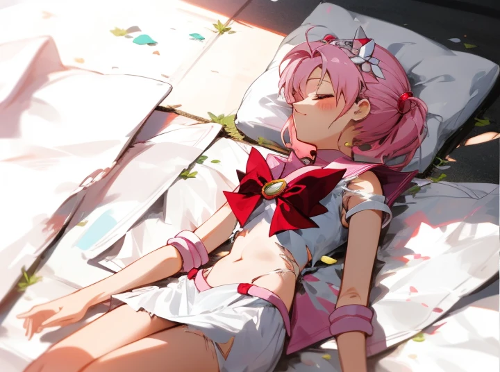 anime girl laying down on the ground, 1 girl, closed eyes, torn clothes, white panty, chibiusa