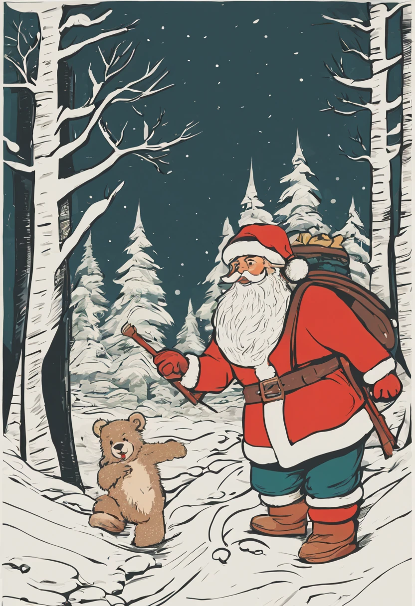 Drawing in the style of Soviet cartoons. Winter snowy forest with few trees. Ate, pine and deciduous trees covered with snow, snow on branches and snowdrifts under trees. The large spruce in the left half of the picture, from behind the spruce, Santa Claus comes out with a staff. A bear walks on its hind legs next to Santa Claus, in one paw the bear has a bag with New Year&#39;s gifts,  in the other paw are the reins from the sleigh that rides behind. small snowflakes fall from the sky.