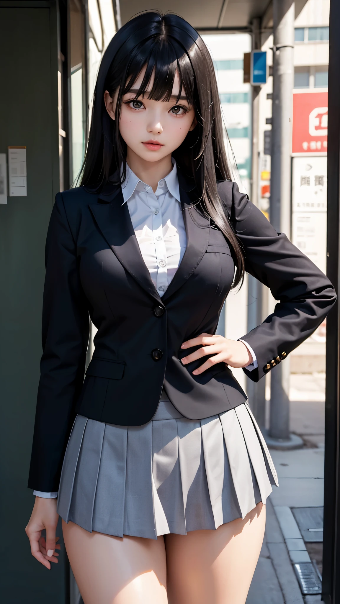 ((best quality)), ((muste piece)), (detailed breasts), (highlight), perfect face　Young girl highlighting large breasts with detailed face、Long, thick, shiny, beautiful black hair with blunt bangs、solid color background、Standing wearing school uniform with blazer and miniskirt、Japanese high school girl、