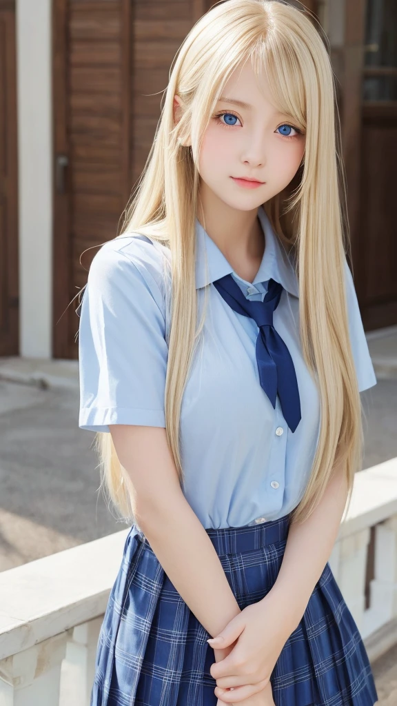 Shiny super long bright blonde straight hair、beautiful hair between the eyes、very cute beautiful sexy young age girl、so perfect beautiful cute face、Clear beautiful cute light blue big eyes、school uniform、very big breasts、hair over face