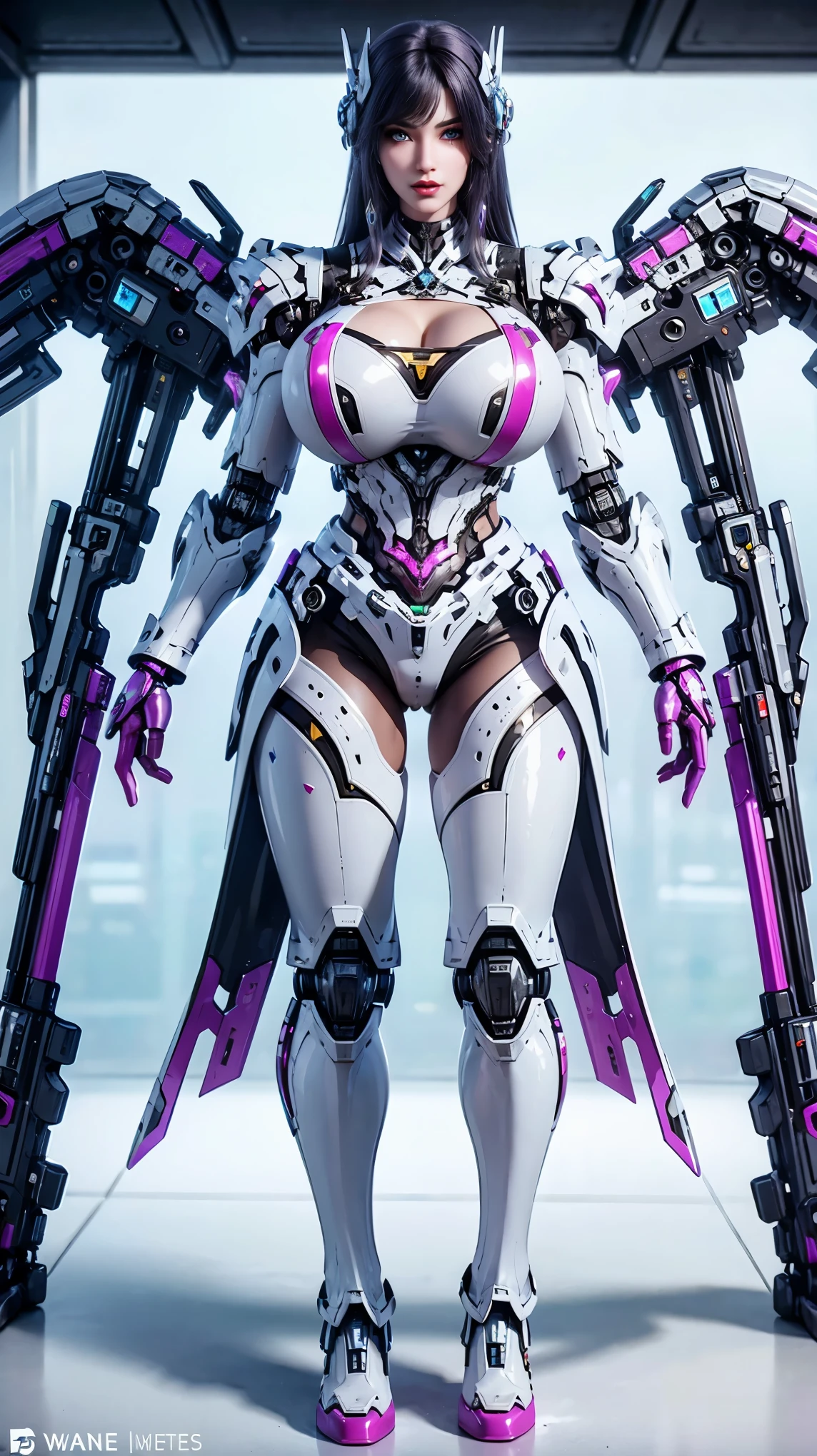 A beauty girl with black hair, (HYPER-REALISTIC:1.5), (PHOENIX GOLD HELM:1.1), (MUSCULAR BODY SHAPE,HUGE FAKE BREAST:1.5), (CLEAVAGE:1.5), (MUSCLE ABS:1.3), (MECHA GUARD ARMS:1.1), ((MAGENTA SHINY FUTURISTIC MECHA CROP TOP, BLACK MECHA SKINTIGHT LEGGINGS, WHITE MECHA GUARD ARMOR LEGS, HIGH HEELS:1.5)), (WET SWEATY BODYSKIN, LONG LEGS:1.1), (LOOKING AT VIEWER:1.3), (female focus:1), (WALKING IN HALLROOM OF FUTURISTIC SPACE STATION:1), (BRIGHT LIGHT WHITE_ROOM:1.3), HYPER TEXTURE, (4X MSAA), (UNREAL ENGINE 5 RENDER), PHYSICALLY-BASED RENDERING, ULTRA HIGHT DEFINITION, 16K, 1080P.