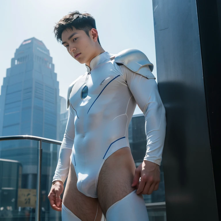RAW, (21-year-old Chinese boy: 1.5), no mask, masterpiece, super fine photo, best quality, super high resolution, photorealistic realism, sunny handsome, Asian, 1 man, 1 boy, full body portrait, domineering, dynamic pose, delicate face, vibrant eyes, (viewed from the side), he wears a futuristic translucent white super hero bodysuit, very detailed background, detailed face, detailed complex battlefield background, highly detailed skin, realistic skin details, visible pores, sharp focus, volumetric fog, 8k uhd, DSLR, high quality, film grain, fair skin, photorealism, huge metropolis in a future dystopia , seen from below, translucent, protruding lower body, crotch bulge , 16k resolution , ultra-high clarity , hyperrealism, uhd , nsfw , handsome , eoticism
