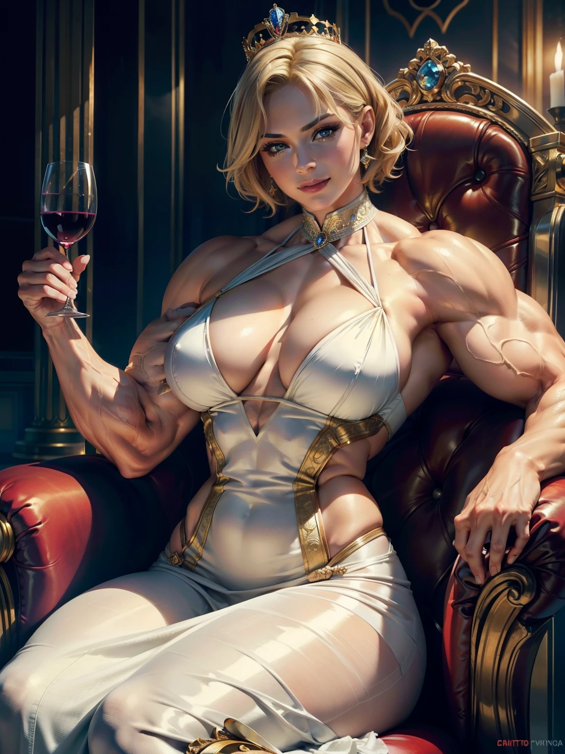 1 girl,solo, muscular, short hair, dirty blonde, hypermuscle, bodybuilder, (masterpiece, incredible detail, best quality, ultra high skin detail:1.1), photorealistic, abs, looking at viewer, princess, royal dress, crown, smug face, smile, sitting on a throne, holding a wine glass