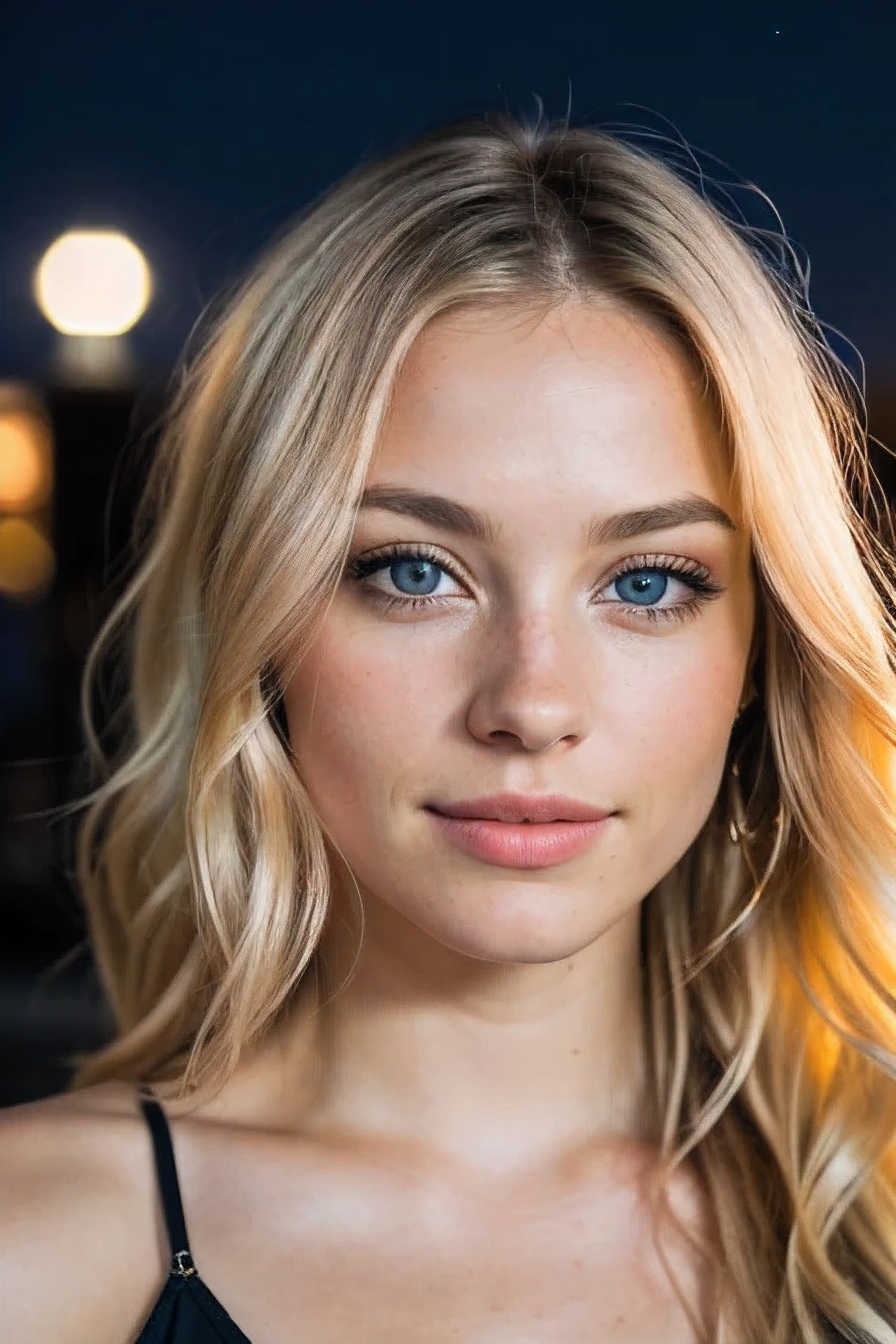RAW uhd portrait of 24-year-old blonde close-up, Natural blonde hair, castles, Wavy, (brown-eyed woman) in the apartment, Prehistory of New York City, night starry sky, ,natutal breasts_b, The background of the night night of the city, (Red Summer Dress), (cutout), Detailed (textures!, Hair!, brightness, Color!, imperfections:1.1), High detail of light eyes, (looking at the camera), specular lighting, dslr, ultra quality, sharp-focus, Sharp, Depth of field, Film grain, (centered), Fujifilm XT3, Crystal clear, The center of the frame, cute face, sharp-focus, lamp post, neon lights, bokeh, (dimly lit), Low key, in night, (night sky)