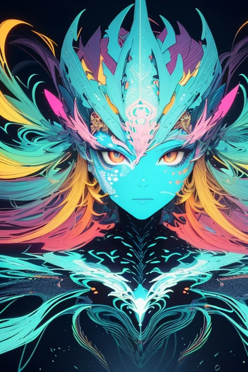(masterpiece, best quality:1.2),(concept art、fractal art:1.5) ,(flat color:1.2),(3D:1.3),(fluorescence colour:1.5,colorful:1.2),looking at viewer,1girl,beautiful face,Gentle face,solo,upper body,floating colorful fluorescence water,vivid color、Symmetrical