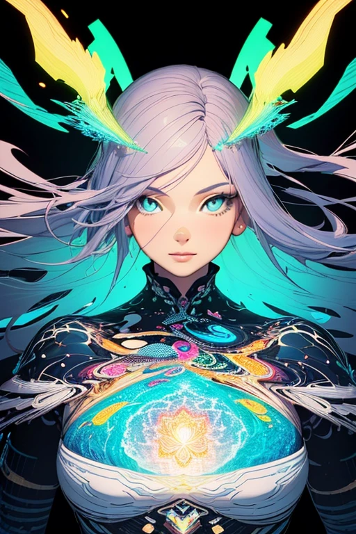 (masterpiece, best quality:1.2),(concept art、fractal art:1.5) ,(flat color:1.2),(3D:1.3),(fluorescence colour:1.5,colorful:1.2),looking at viewer,1girl,beautiful face,Gentle face,solo,upper body,floating colorful fluorescence water,vivid color、Symmetrical
