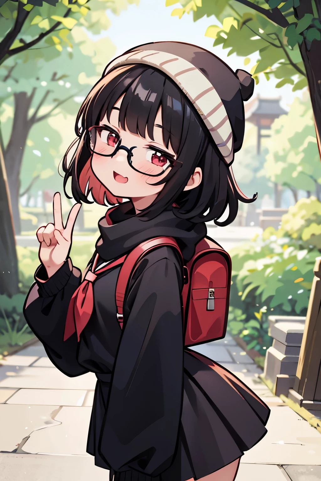(masterpiece), insanely detailed, absurdres, ultra-highres, ultra-detailed, best quality, 1 girl, solo, nice hands, perfect hands, best quality, high quality, perfect-lighting, illustration, cute little girl, detailed-face, detailed-body, small breasts, dynamic pose, cowboy shot, looking at viewer, anime moe artstyle, full body model, kawaii, black hair, fluffy cut hair, (short) red eyes, beautiful woman, 1 girl, solo, cute girl, blushing, expressive eyes, perfect face, happy smile, laugh, open mouth, black beanie, (black) fluffy cut black hair, black scarf, red japanese backpack, gym unifrom, (gym uniform), Round Glasses Black, smug face, by Canon EOS, SIGMA Art Lens 35mm F1.4, ISO 200 Shutter Speed 2000, in school, Physical education room, Japan, forestscape, (cleavage:-1.5),