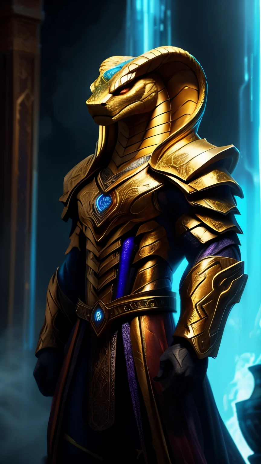 A Golden {Snake Cobra}, Golden Fire, Gold Armour, Light Effect, Blizzard Style Art trend, Luminous Fog Luminous, Volume Light, Asgard Style, Luxury Background, Decorative Openwork Lace Elements and Jewelry, Cinematic, Chinese Zodiac.