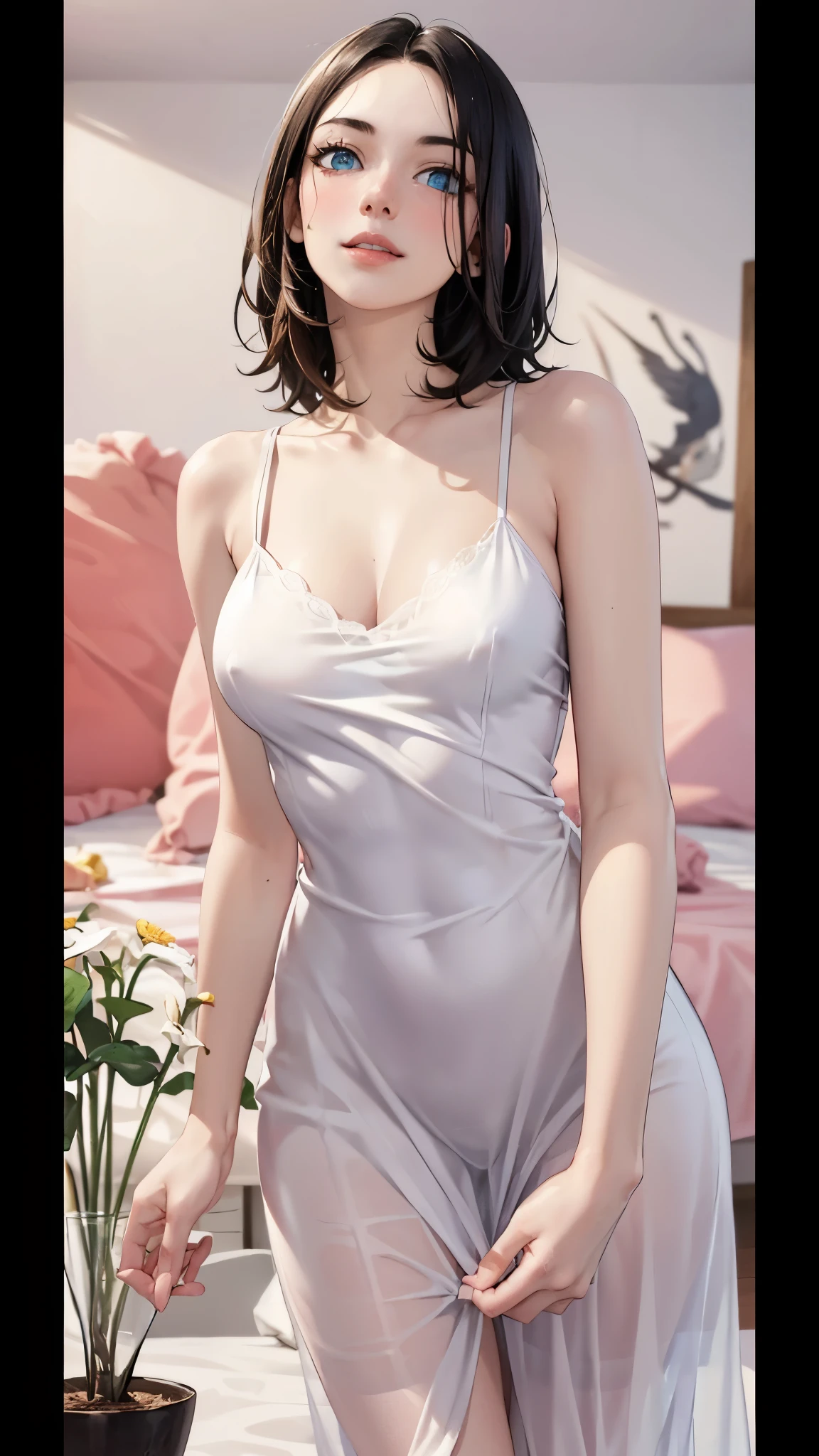 ((((masterpiece, best quality, high resolution)))), (1girl:1.5), ((short silky hair, black hair, blue eyes, sharp eyes)), (average breasts:1.2), blush, (cheeky smile, parted lips), glow, thighs, bare shoulders, collarbone, narrow waist, (slender body figure), (beautiful detailed face, beautiful detailed eyes), ((white satin nightgown, thin material)), (standing up), looking at viewer, nighttime, bedroom