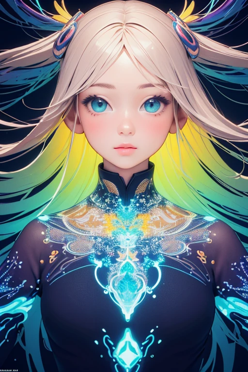 (masterpiece, best quality:1.2),(concept art、fractal art:1.5) ,(flat color:1.2),(3D:1.3),(fluorescence colour:1.5,colorful:1.2),looking at viewer,1girl,beautiful face,Gentle face,solo,upper body,floating colorful fluorescence water,vivid color、Symmetrical