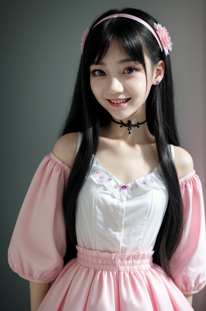 Close up of a smile with the corners of the mouth raised、Smiling Barbie doll、Gothic Girl、gothic costume、Cosplay、(realisitic、hight resolution)、(1 girl in)、Gothic Girl、Do-Up Eye、Korean Girl、(Best Quality), (masutepiece), (1girl in), Solo, a beauty girl, Perfect face, dreamlikeart、Highly detailed airbrush art((Surreal))、Volumetric lighting、(top-quality)、The ultra-detailliert、(The composition of the movement:1.4)、Highly detailed colorful details、(Bright lighting)、dynamic compositions、Ray traching、The mirror reflects light、Shallow depth of field、ultra-detailliert、mixing  exposure、nffsw、Her eyes are glowing pink、Her gothic face is full of anticipation and courage、A smile appears on the lips of a gothic girl。 At the rear、The sun is slowly tilting to the west。That light brings Gothic lights to the surface of the sea、The swaying waves create a beautiful scene。Her eyes are clearly glowing pink。Lots of Gothic
