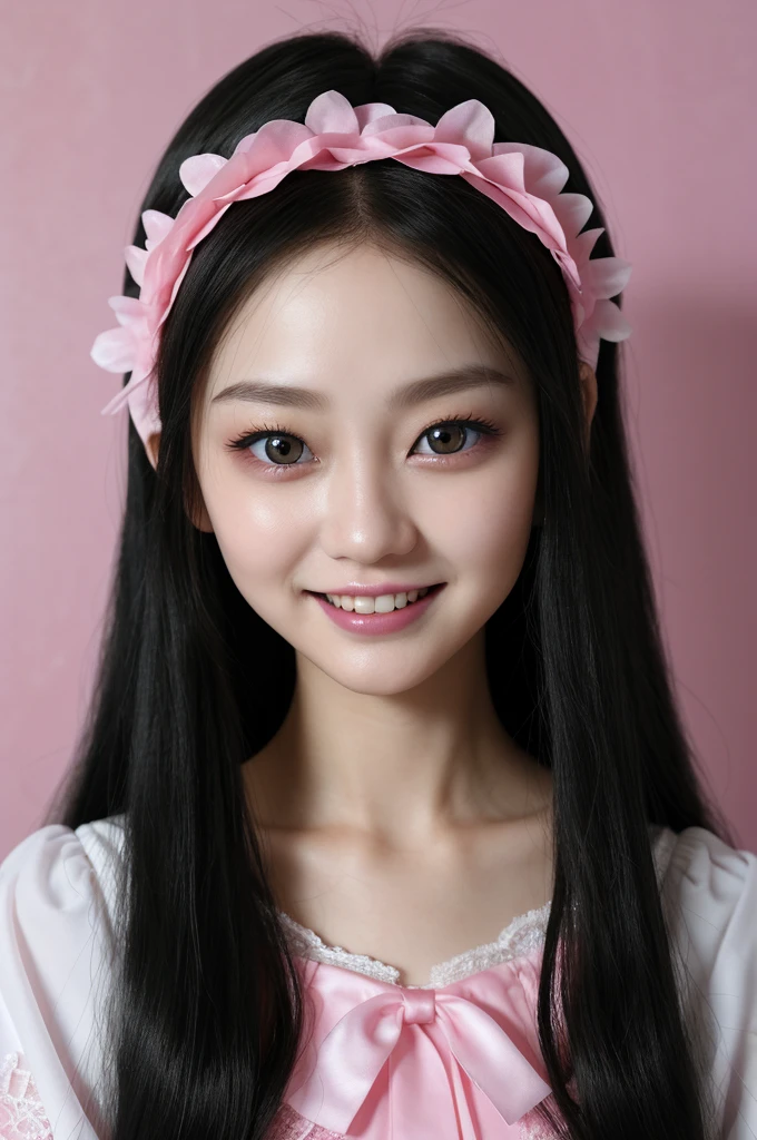 Close up of a smile with the corners of the mouth raised、Smiling Barbie doll、Gothic Girl、gothic costume、Cosplay、(realisitic、hight resolution)、(1 girl in)、Gothic Girl、Do-Up Eye、Korean Girl、(Best Quality), (masutepiece), (1girl in), Solo, a beauty girl, Perfect face, dreamlikeart、Highly detailed airbrush art((Surreal))、Volumetric lighting、(top-quality)、The ultra-detailliert、(The composition of the movement:1.4)、Highly detailed colorful details、(Bright lighting)、dynamic compositions、Ray traching、The mirror reflects light、Shallow depth of field、ultra-detailliert、mixing exposure、nffsw、Her eyes are glowing pink、Her gothic face is full of anticipation and courage、A smile appears on the lips of a gothic girl。 At the rear、The sun is slowly tilting to the west。That light brings Gothic lights to the surface of the sea、The swaying waves create a beautiful scene。Her eyes are clearly glowing pink。Lots of Gothic
