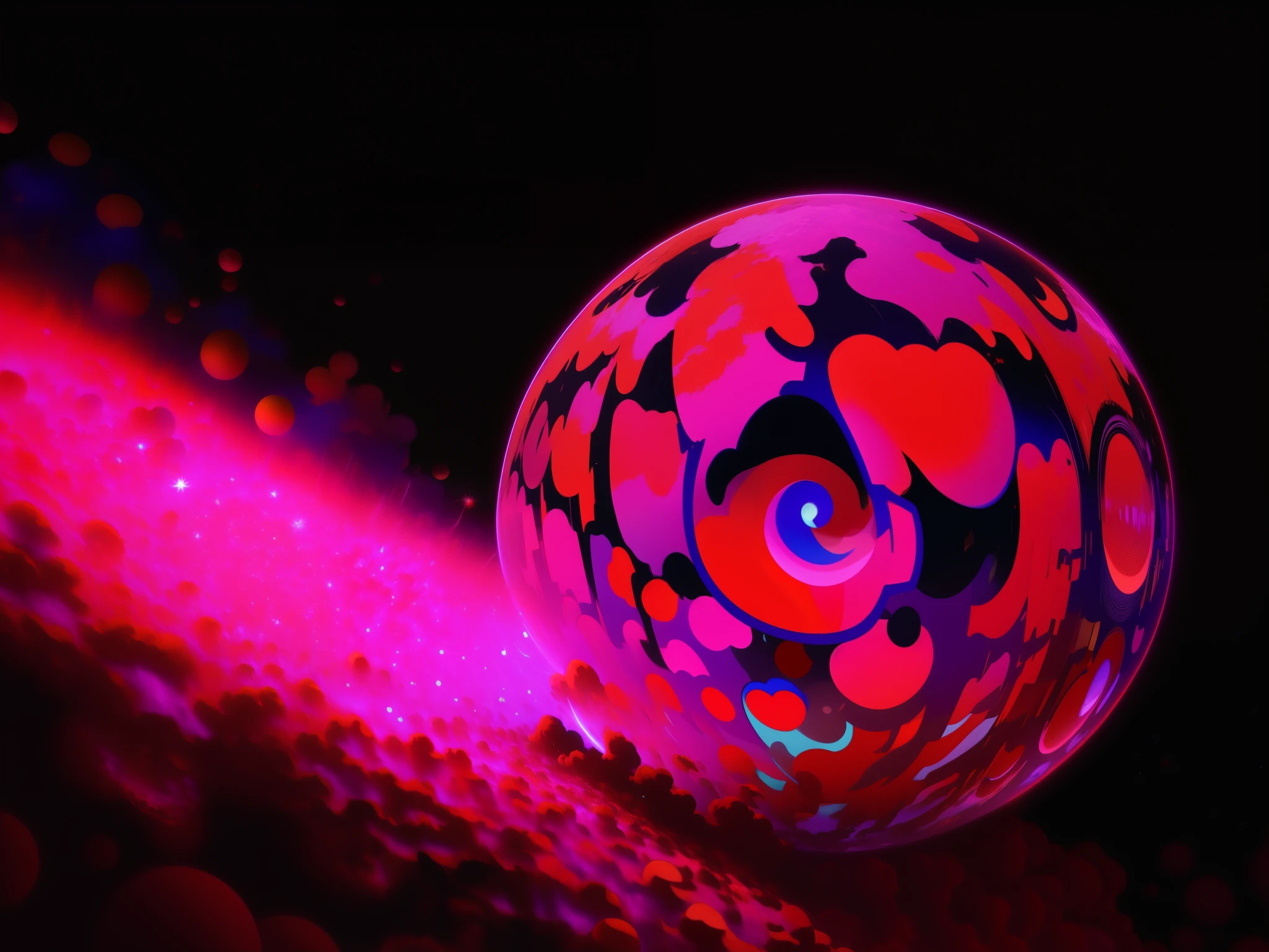 brightly colored ball with a black background and a red background, spherical, a large sphere of red energy, glowing sphere, ray tracing. fractal crystal, some spherical, 3 d fractals, 3d fractals, raytracting, swirling, computer generated, fractal, fractalization, trippy fractals, magenta lighting. fantasy