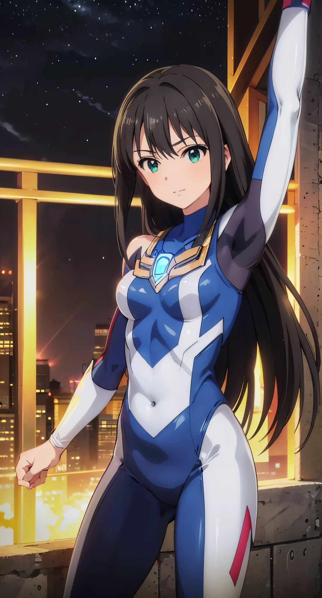 (masterpiece、highest quality、In 8K、High resolution:1.2)、alone、1 girl、 Rin Shibuya、tight clothes、cowboy shot、smile、Hero Suit、body suit、tight suit、trained abdominal muscles、Trained biceps、(nffsw :1.0）、 レッドウルトラマンbody suit、glowing gemstone on the chest、（building:1.2)、night scene