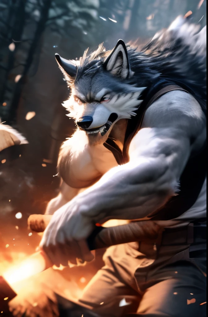 (extremely detailed CG unity 8k wallpaper, masterpiece, best quality, ultra-detailed), best lighting, best shadow (a very strong, giant, muscular humanoid wolf wearing battle armor), fierce expression, sharp claws, freezing mountain, falling snow, volumetric lighting.