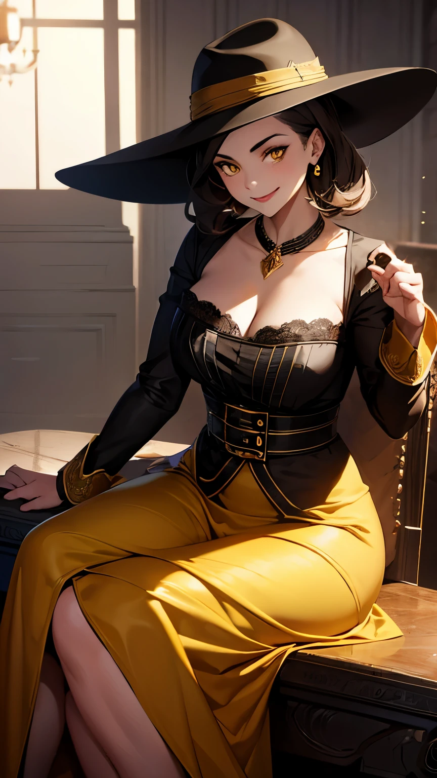 1girl,alcina dimitrescu,yellow eyes,masterpiece,sitting,whiite gowm,hat,smile