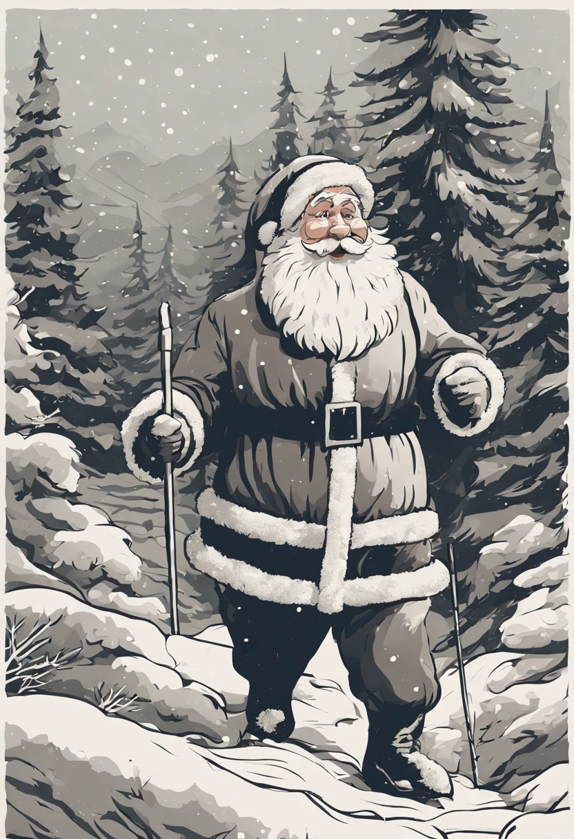 Drawing in the style of Soviet cartoons. Winter snowy forest with few trees. Spruce and pine trees are covered with snow, snow on branches and snowdrifts under trees. The large spruce in the left half of the picture, Santa Claus comes out from behind the spruce with a large silver staff in one hand and a bag of gifts in the other. A bear walks on its hind legs next to Santa Claus, the bear has a large New Year's candy in one paw. small snowflakes fall from the sky.