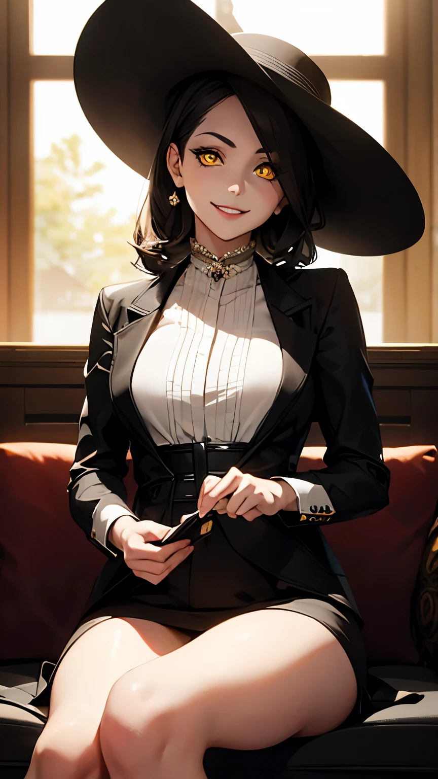 1girl,alcina dimitrescu,yellow eyes,masterpiece,sitting,whiite gowm,hat,smile