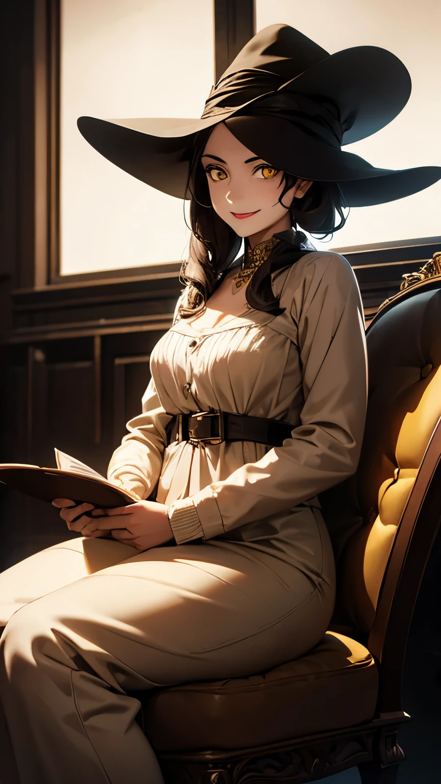 1girl,alcina dimitrescu,yellow eyes,masterpiece,sitting,whiite gowm,hat,smile