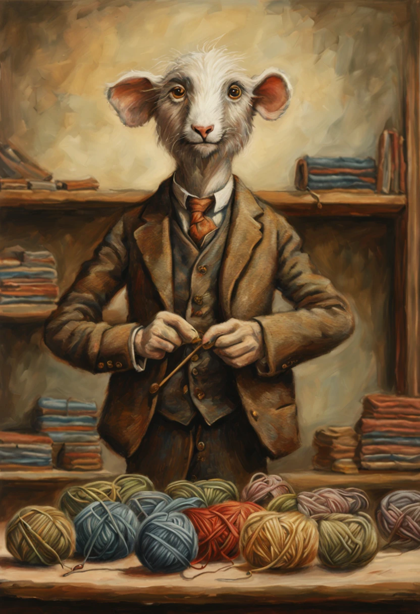 a painting of wool yarn bobbin object as a main character on the center, bobbin wear an expensive blazer jacket upside made from weaving wool yarn, a weaving loom in the background, Fantastic tale, John Tolkien style, Small painting by Jean-Baptiste Monge, anthropomorphic, ultrarealistic