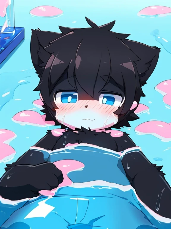 4K,8k,high resolution,masterpiece, best quality,blue eyes, hairy, alone, Wearing pure blue shorts, wet fur, Pink slime drowned,short tail((black cat,Shota))in laboratory,Lying on mucus,thin,blush
