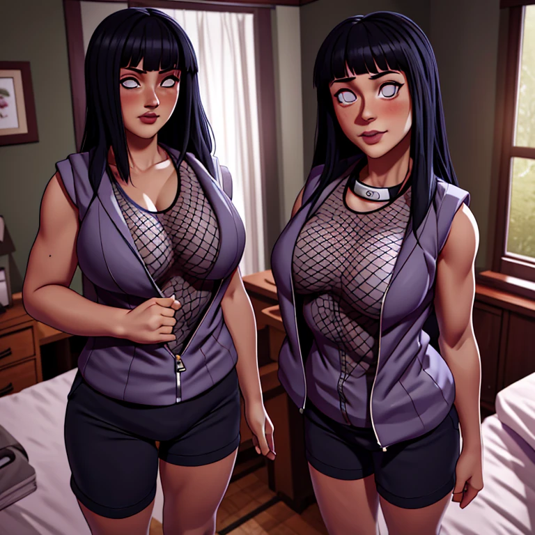 Masterpiece, highres, high Quality, detailed face, detailed body render, 1girl, solo, hyuuga hinata, hinata-sleeveless-outfit, large breasts, big breast, sleeveless shirt, fishnet top, dark lips, unzipped jacket, no bra, breasts out, nipple, standing, blushes, (on bedroom)
