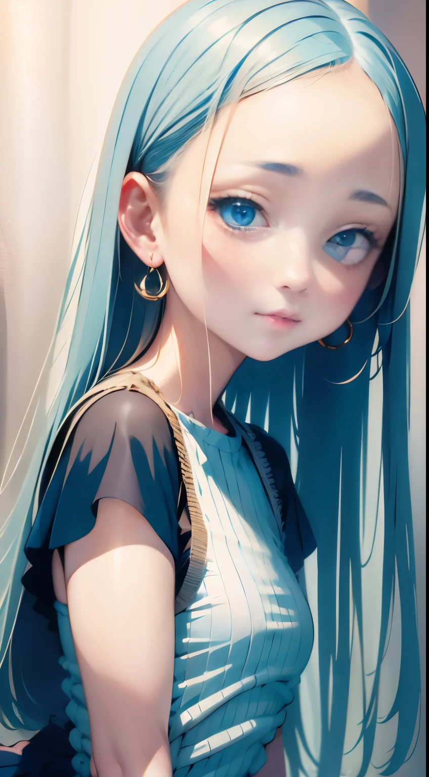 There is a young girl with a blue ribbon and earrings, artwork in the style of Gweiz, Gweiz, realistic young anime girl, Photorealistic anime girl rendering, WLOP : : 5, realistic 3d animation, Realistic anime 3d style, Gweiz on artstation pixiv, Gweiz on pixiv artstation, beautiful anime portrait