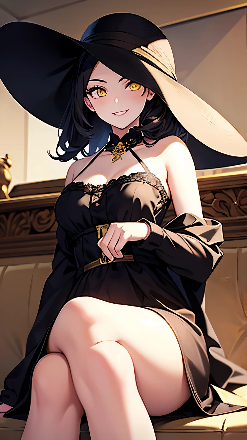 1girl,alcina dimitrescu,yellow eyes,masterpiece,sitting,whiite gowm,hat,smile