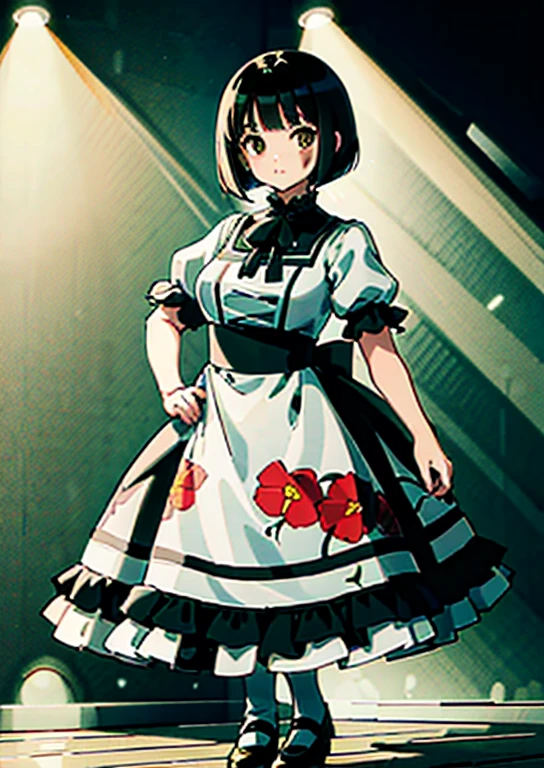 1 girl, ((masterpiece, side light, beautiful eyes: 1.2), super detailed, ultra high resolution, professional lighting, high quality make up, beautiful detailed eyes), (highest quality:0.8), perfect anime illustrinion,  beautiful, flin color background, simple background, whole body ,  looking for_in_viewer, 一人in, (whole body:1.5), (black hair), dark brown eyes, (big breasts:1.2), 一人in,Wasachiri, Huasachina,  sash, puffy dress, dress, Puffy short sleeves, pantyhose, black shoes, Floral, print dress, put your hand on your waist, handkerchief,tof, (asymmetric bob cut),(Low length 1.1),(Chubby1.1),(おinこ),(tits for days)