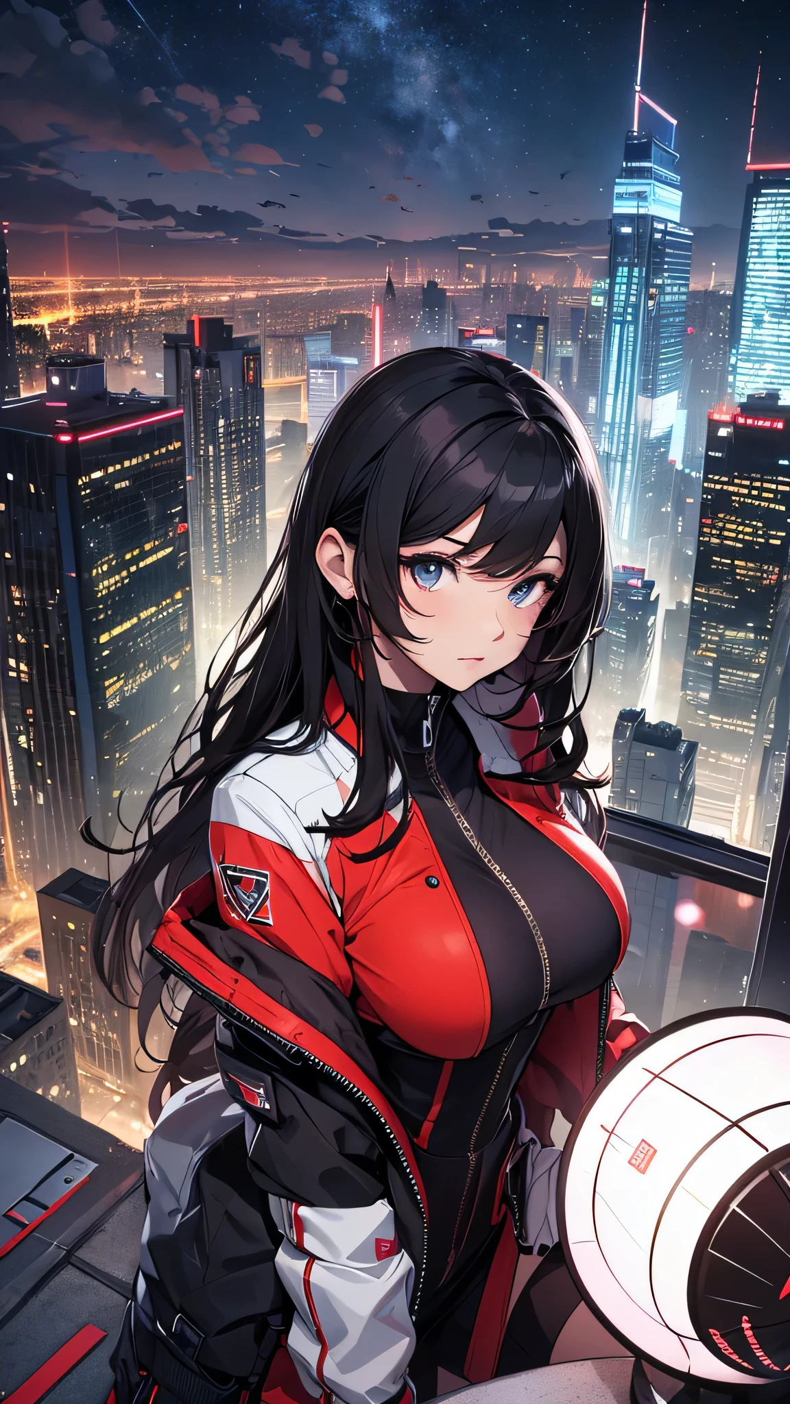 girl masterpiece, best quality, high resolution, best detailed, ultra girl, giantess, black hair, straight hair, shiny hair, bodysuit, multi colored bodysuit, red gem on chest, full body, a lot sweat, breezing white breath, sitting on the ground, hand on waist, light smile, light blush, detailed background, cityscape, buildings, night sky, full moon, some scars after fighting,