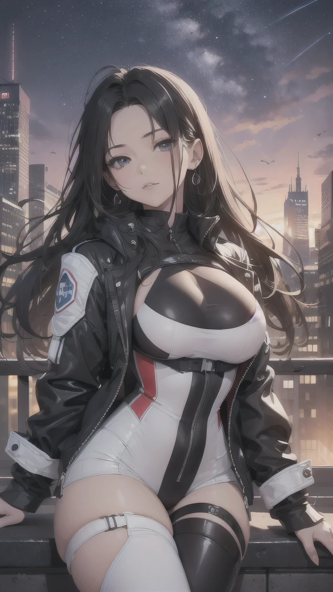 最high quality、best image quality、masterpiece、age girl((18-year-old、 By becoming、vest bust、medium bust,wide open breast tea、black eye, black hair、long hair、thin,highest valley、toned chest、white pilot suit、knee high boots、red jacket)),high quality、beautiful art、background((Building rooftop at night、heliport)),debris flies、Depth of written boundary、movie、visual art、perfect art、8K,genuine