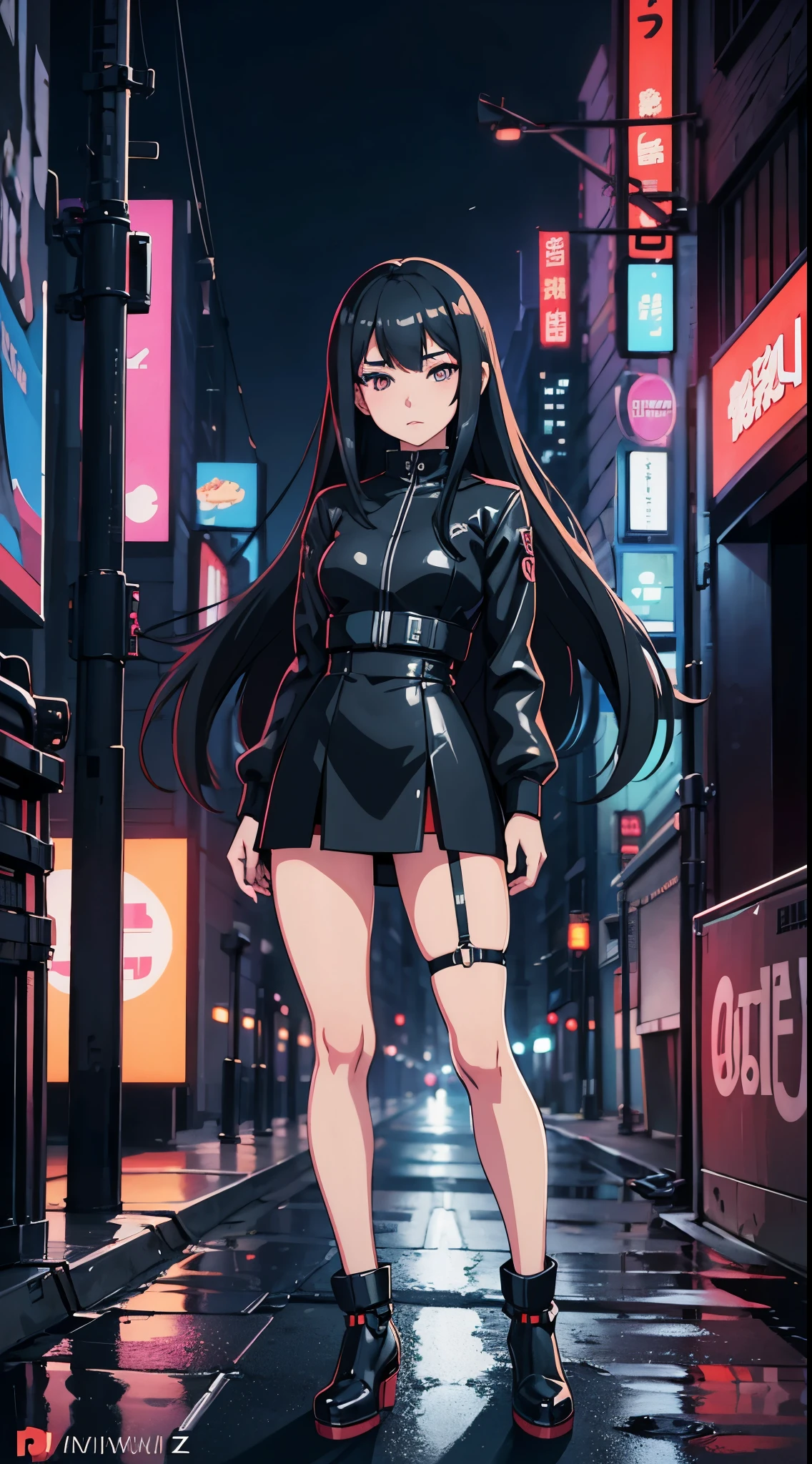 Anime girl standing on city street in leather skirt and black erotic lingerie, long-haired Ilya Kuvshinov, Guviz style artwork, anime art wallpaper 8 K, Guvitz on art station Pisif, Guwiz on Pisiv art station, cyberpunk anime art