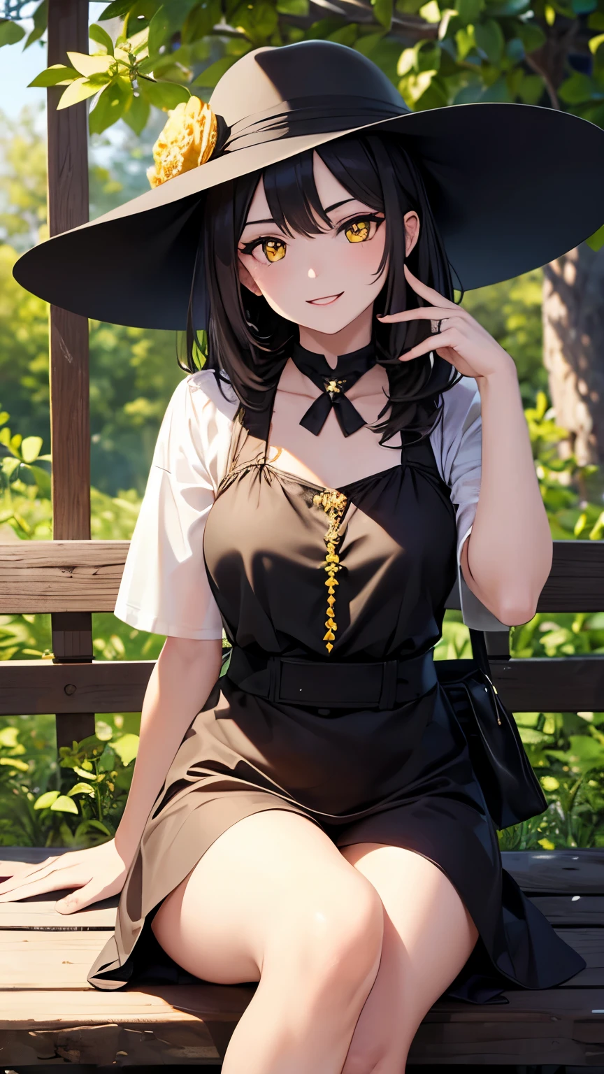 1girl,alcina dimitrescu,yellow eyes,masterpiece,sitting,whiite gowm,hat,smile