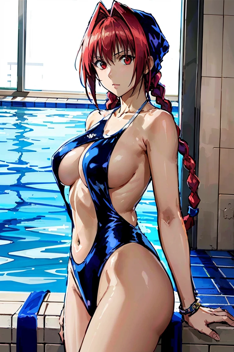 masterpiece, highest quality,High resolution,Dorothy, redhead,red eyes, have,((Swimsuit)),Braid, , looking at the viewer,Indoor swimming pool