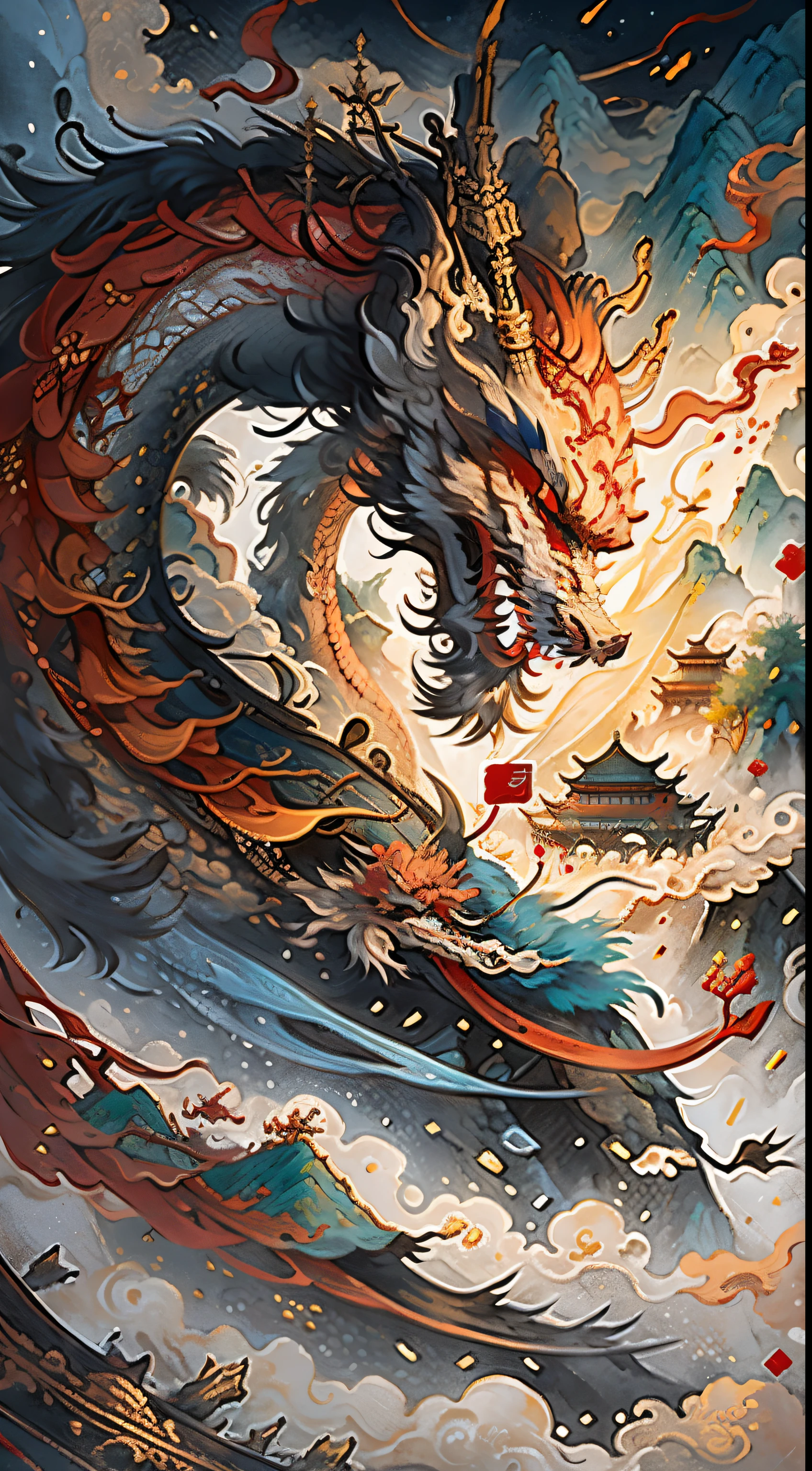 Chinese dragon,A Chinese painting, background of China, Mountain, Rios, Xiangyun, Exhibition hall, Sunlight, masterpiece, Super details, epic work, ultra high definition, high quality, Very detailed, official art,red background, unified 8k wallpaper, Super details