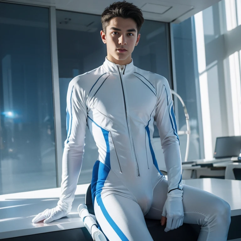 body suit, white and blue suit, futuristic suit, white gaunlets, skin tight bodysuit, toned male, ager, young male, futuristic face mask, bodysuit, futuristic, sci fi, toned male, hands visiblr, hair visible , 16k resolution , ultra-high clarity , hyperrealism, uhd , nsfw , handsome , eoticism , full body seen