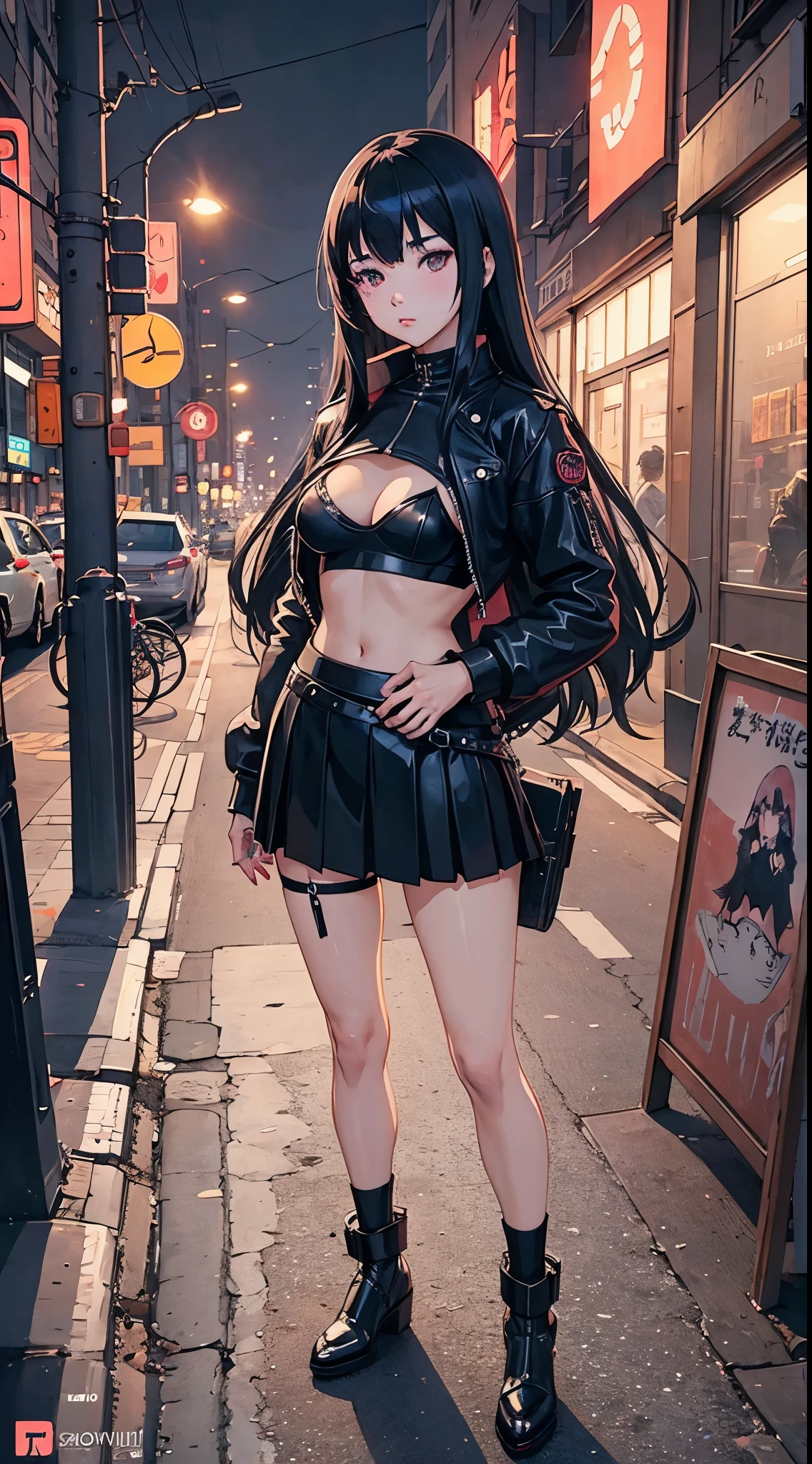Anime girl standing on city street in leather skirt and black erotic lingerie, long-haired Ilya Kuvshinov, Guviz style artwork, anime art wallpaper 8 K, Guvitz on art station Pisif, Guwiz on Pisiv art station, cyberpunk anime art