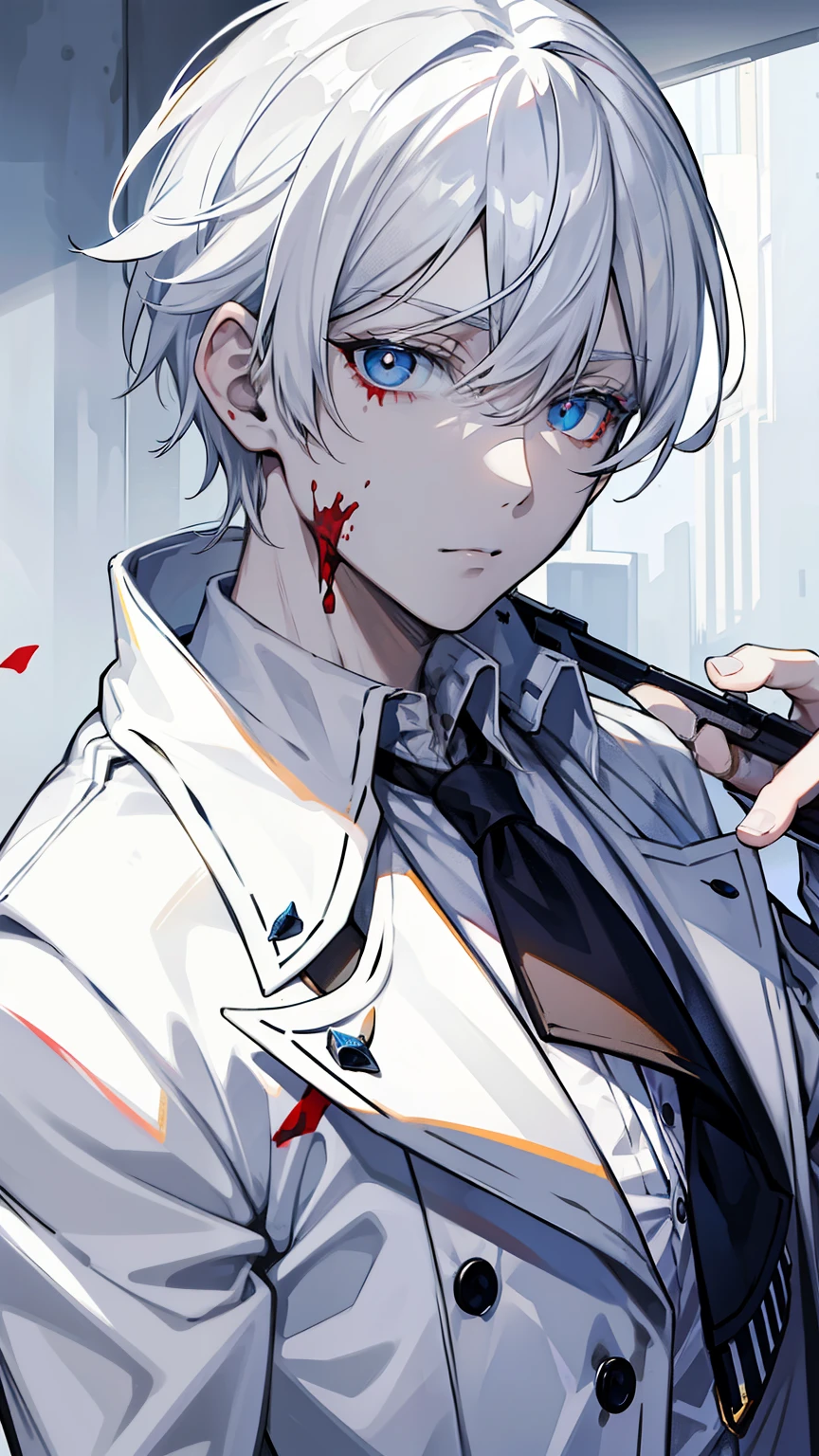 White haired male, blood on his face after killing someone, revolver, blue eyes, staring coldly,, detailed, formal, neat