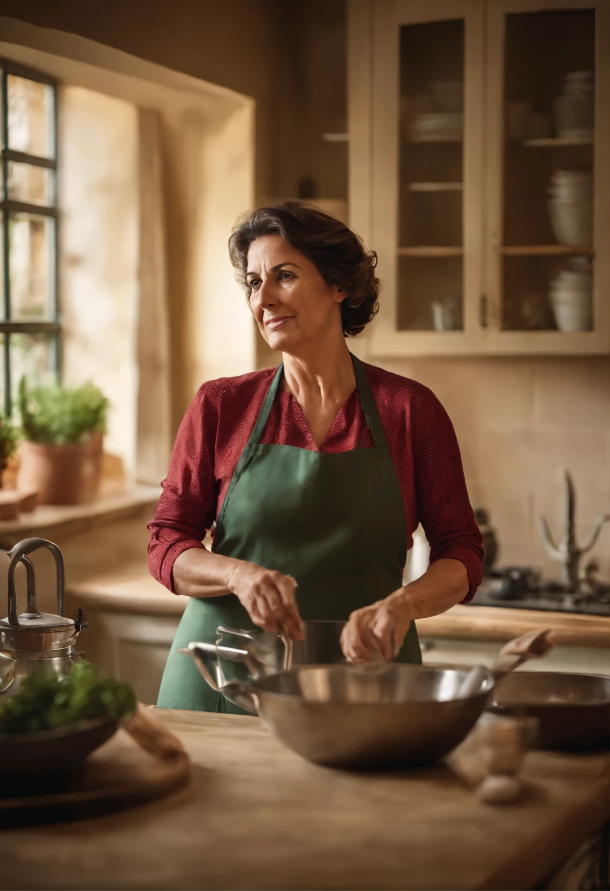 A 45-year-old Italian housewife in a kitchen apron, embodying the essence of expertise in cooking and household chores. She stands confidently in a kitchen setting, surrounded by cooking utensils and cleaning supplies, radiating a warm and welcoming demeanor. Her expression is friendly and knowledgeable, suggesting her role in presenting products and offering valuable advice. The image should capture the traditional charm of an Italian home, with a focus on her apron and the homely environment