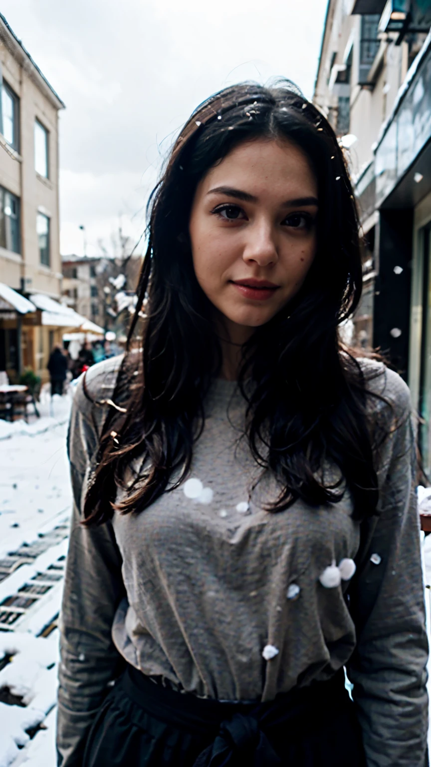 ((best quality)), ((masterpiece)), (detailed), perfect face , long black hair , waist shot , half body , winter , happy 